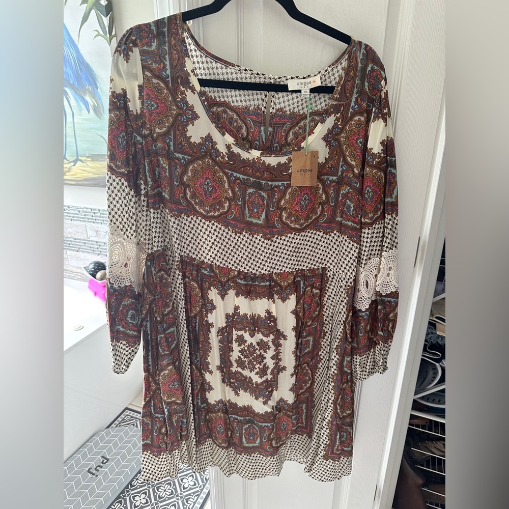 Umgee Paisley Print Dress with Blue and Brown Accents